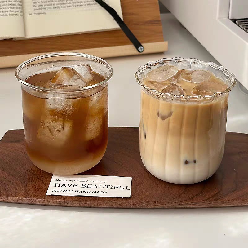 พร้อมส่ง Round Bottom Cup แก้วกาแฟใสทนความร้อน สไตล์วินเทจเรโทร สำหรับเครื่องดื่มคาเฟ่ ลาเต้ อเมริกาโน่เย็น