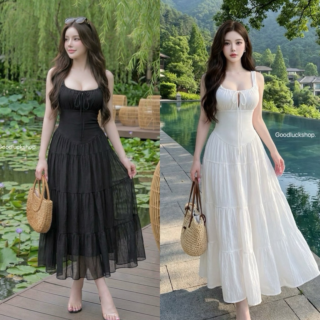 Teera พร้อมส่ง เดรสยาวสายหวาน สวยทั้งหน้า-หลัง ฟีลเจ้าหญิงเบา ๆ คอเหลี่ยมแต่งโบว์หน้า รูดปรับได้ สวยเริศ goodluck