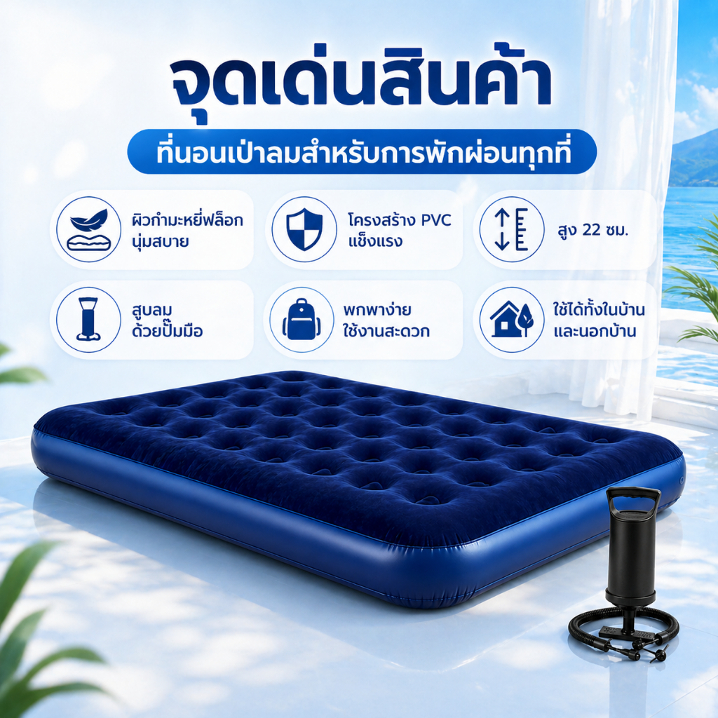 ที่นอนเป่าลม เตียงเป่าลม ที่นอนลม มีปั๊มลมไฟฟ้า รูปที่ 2