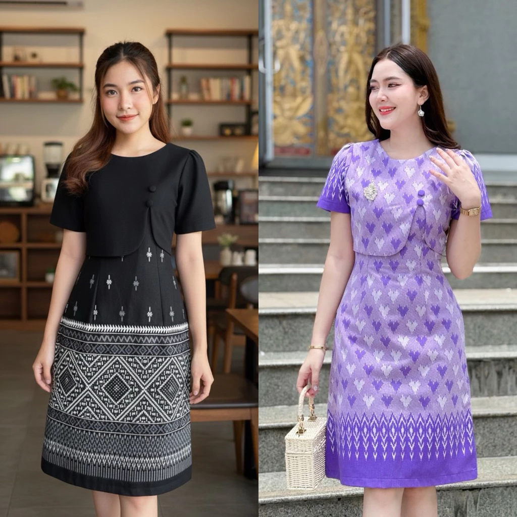 {{มีซับใน ไม่อัดกาว}} ชุดเดรสผ้าฝ้ายพิมพ์ลาย สีเทา-คราม แต่งกั๊กด้านหน้า