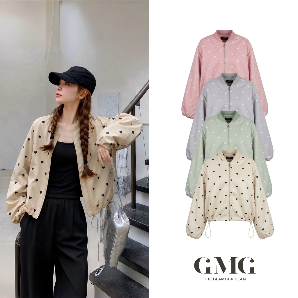 (พร้อมส่ง)รุ่น(GMG-Heart Jacket)แจ็คเก็ตบอมเบอร์ลาย Mini Heart ผ้า Polyester Taffeta ใส่สบาย จะแมทช์กับกระโปรงก็น่ารั