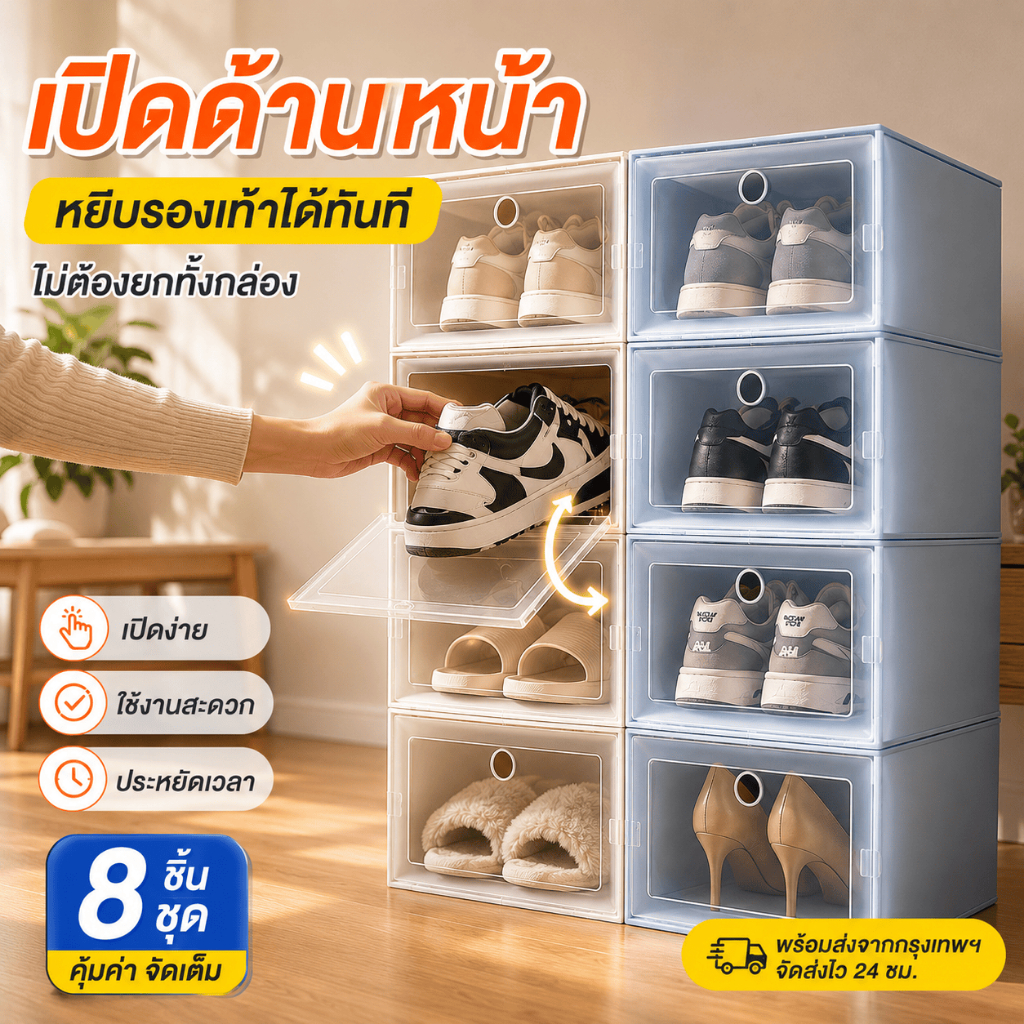 [ซื้อ 6 แถม 6] กล่องรองเท้า กล่องเก็บรองเท้า ฝาหน้าใส เปิดหน้าได้ วางซ้อนได้ ต่อกันได้ แข็งแรง ประหยัดพื้นที่