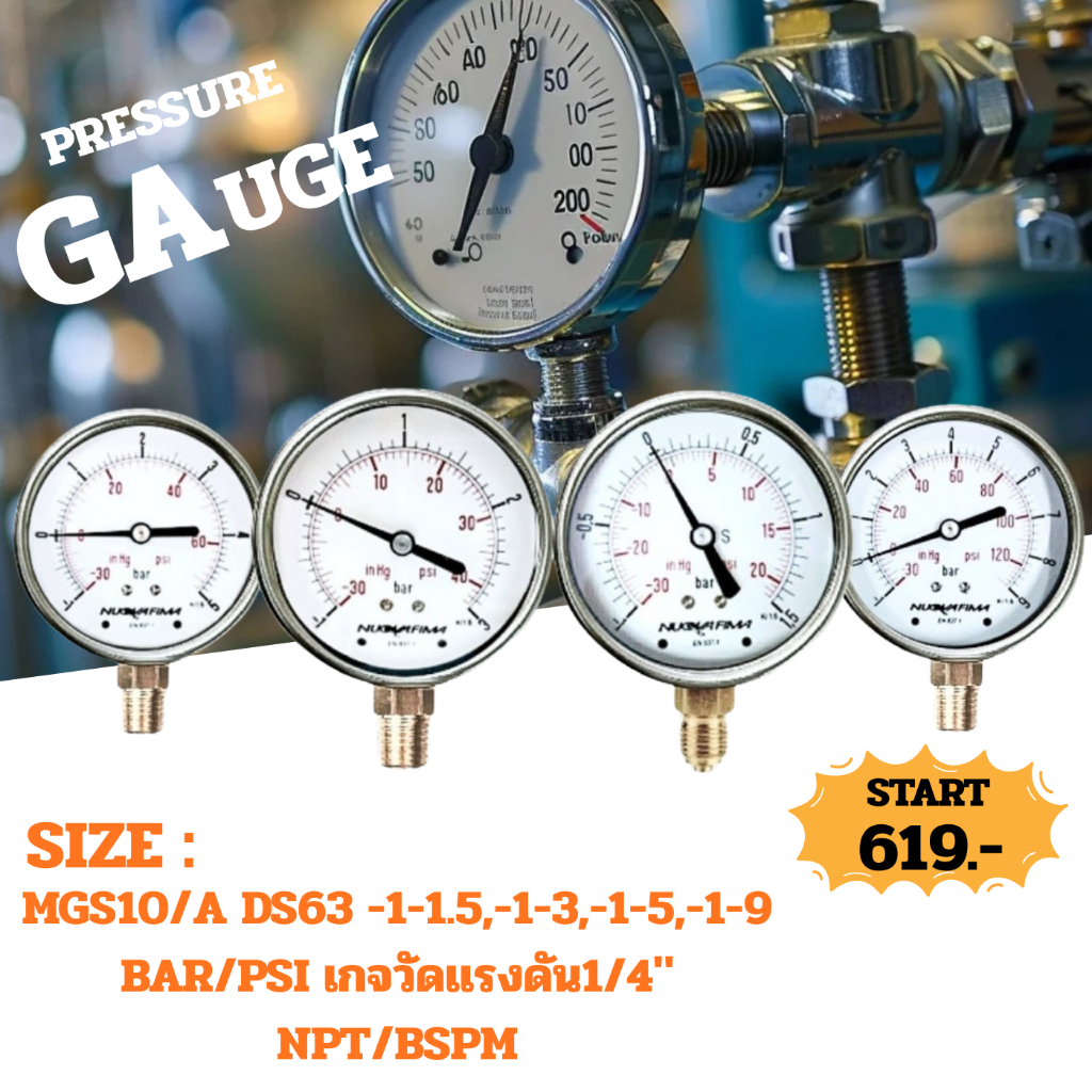 MGS10/A DS63 -1-1.5,-1-3,-1-5,-1-9 BAR/PSI เกจวัดเเรงดัน1/4" NPT/BSP มีน้ำมัน/ไม่มีนํ้ามัน ทองเหลือง