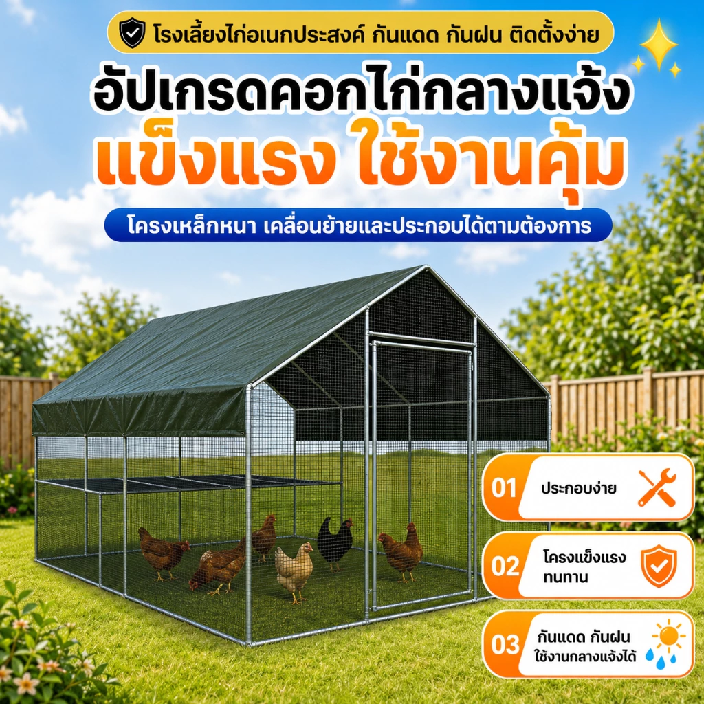 กรงไก่สำเร็จรูป กรงสัตว์ปีกกลางแจ้ง โครงท่อเหล็กชุบสังกะสี ทนแดด ประตูล็อกแน่น ติดตั้งง่าย เหมาะไก่ชน ส่งเร็ว