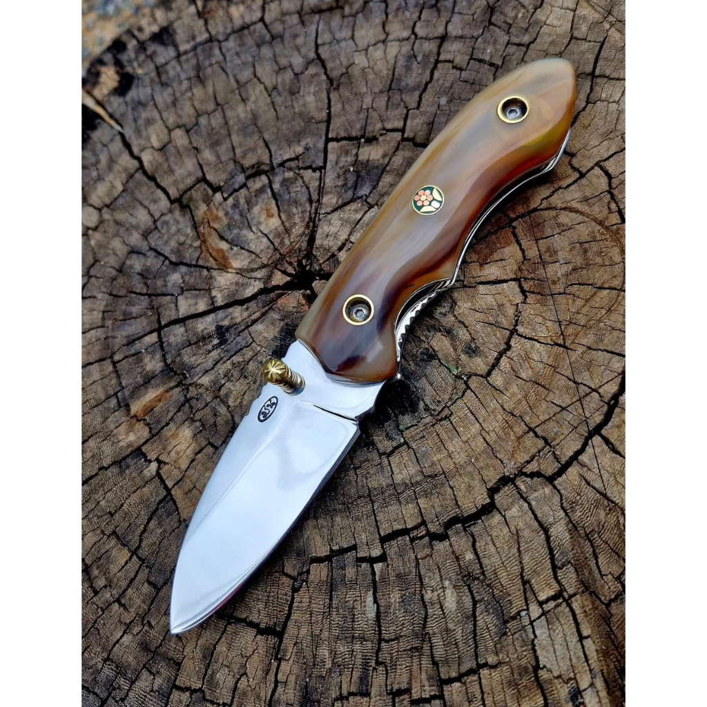 มีดพับ มีดพก folding pocket knife มีดแคมป์ ใบ 3” เหล็ก N695 ต้านสนิม Liner lock ด้ามเขาวัว ปุ่มเปิดท