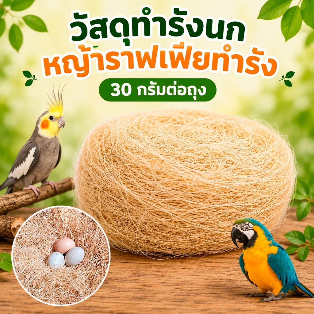 วัสดุทำรังนก หญ้าราฟเฟียธรรมชาติ สำหรับรังนก รังไก่ อุปกรณ์นกค็อกคาเทล เลิฟเบิร์ด