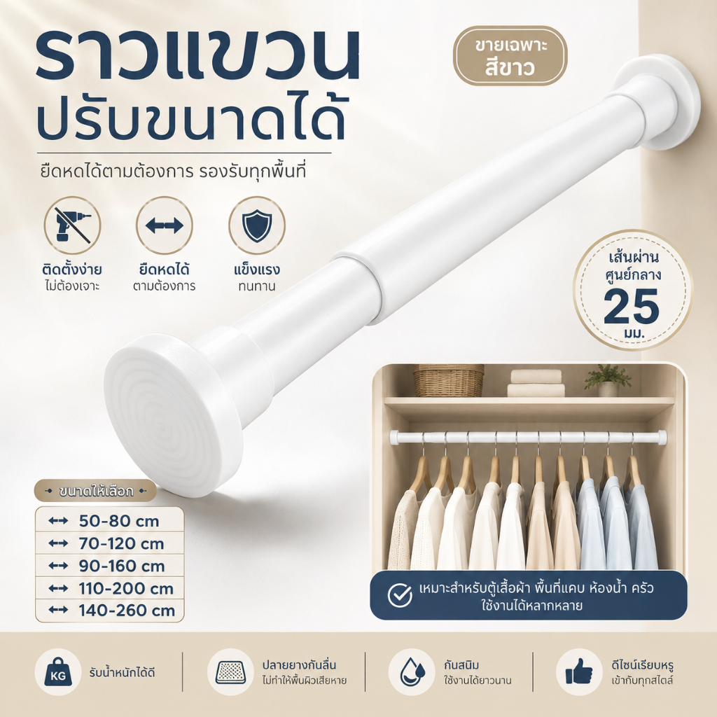 ราวแขวนอเนกประสงค์ ไม่ต้องเจาะ ปรับขนาดได้ 50-260 ซม.