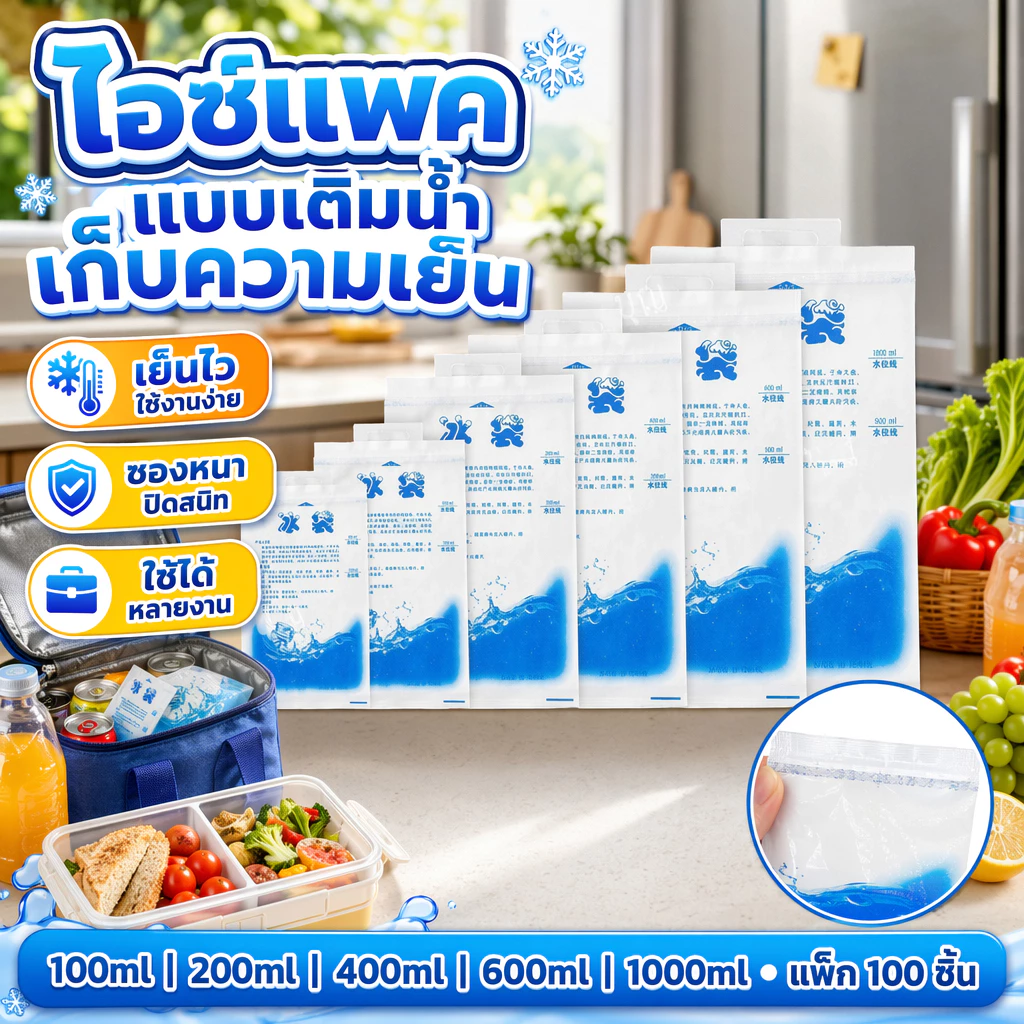 ไอซ์แพค เจลเก็บความเย็น น้ำแข็งเทียม ไอซ์เจลเก็บความเย็น เย็นนานขึ้น ice pack ซองหนา ขนาด 100ml/200ml/400ml/600ml/1000ml