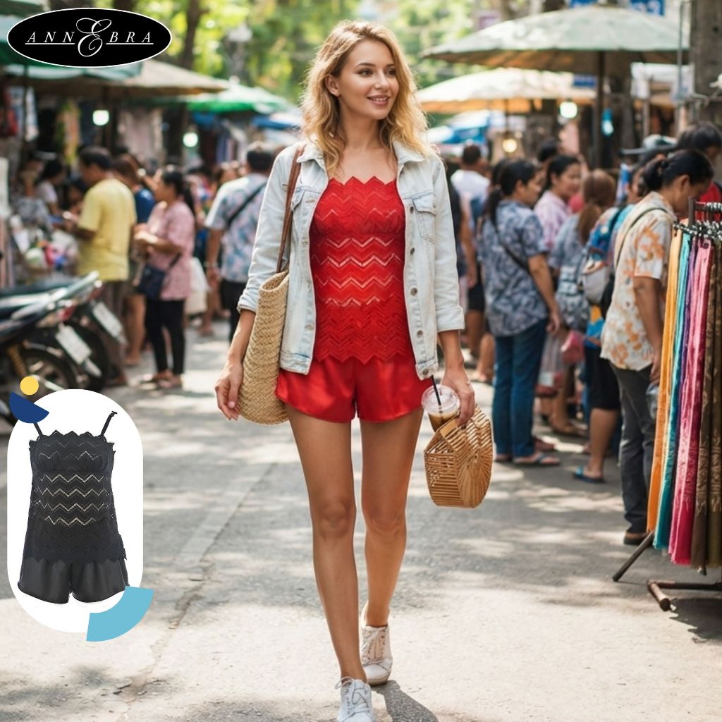Annebra ชุดลำลอง เสื้อสายเดี่ยว ผ้าลูกไม้ และกางเกงเข้าเซ็ต Lace Nightwear Set รุ่น AN8-622 สีดำ, สีแดง