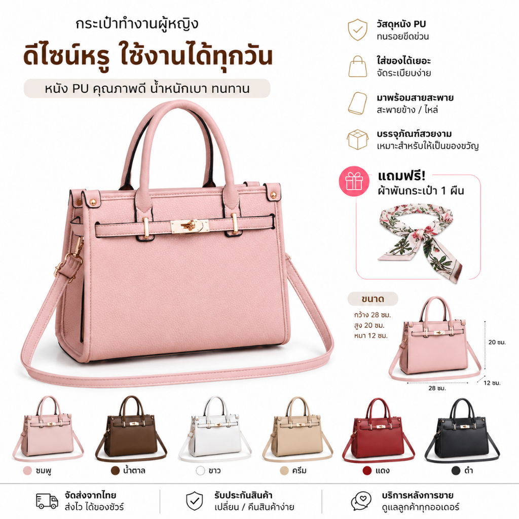 กระเป๋าถือผู้หญิง สะพายข้าง 11 นิ้ว กระเป๋าวัยทำงาน หนัง PU พร้อมส่งจากไทย รุ่น H0121 แถมผ้าพัน