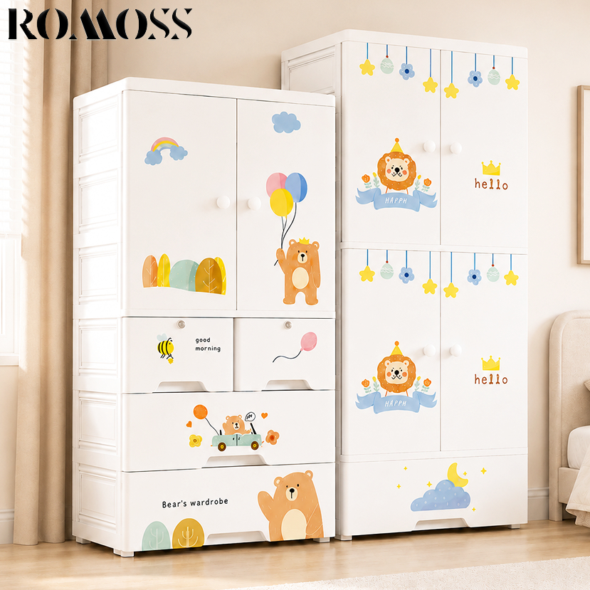 ROMO ตู้เสื้อผ้าเด็ก ลายสิงโต ตู้เก็บเสื้อผ้าการ์ตูน ประตูคู่ พร้อมลิ้นชัก จุเยอะ สำหรับห้องเด็ก