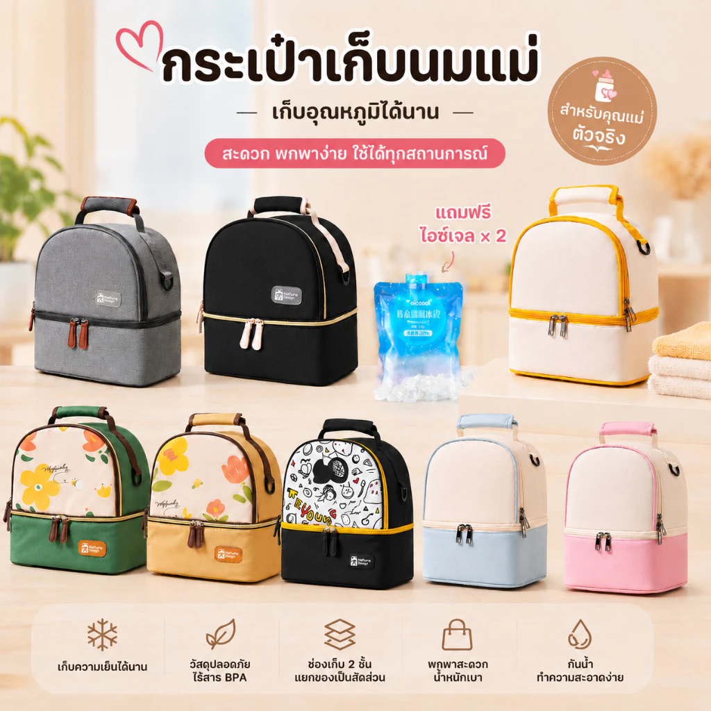 กระเป๋าเก็บความเย็น new design กระเป๋าเก็บอุณหภูมิ เก็บขวดนม อาหาร เครื่องดื่ม สะพายข้าง สะพายหลัง (wy8046)