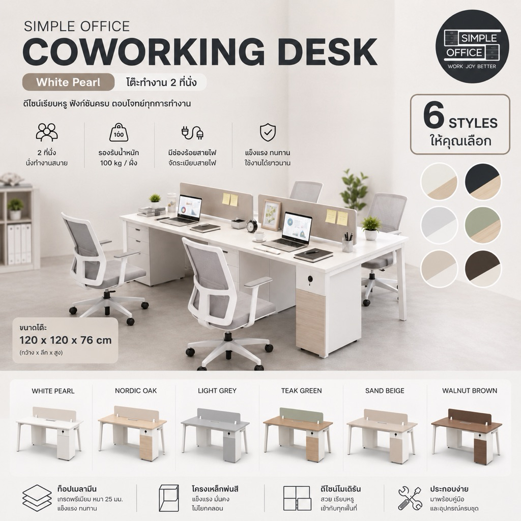 Twin 2 Seats โต๊ะสำนักงานออฟฟิส 10 Style 4 สี กว้าง120*120 CM ขาเหล็กหนา 1.5m หน้าไม้หนา 25m ฟรีตู้ 2 ใบ Freeแผงบังสายตา