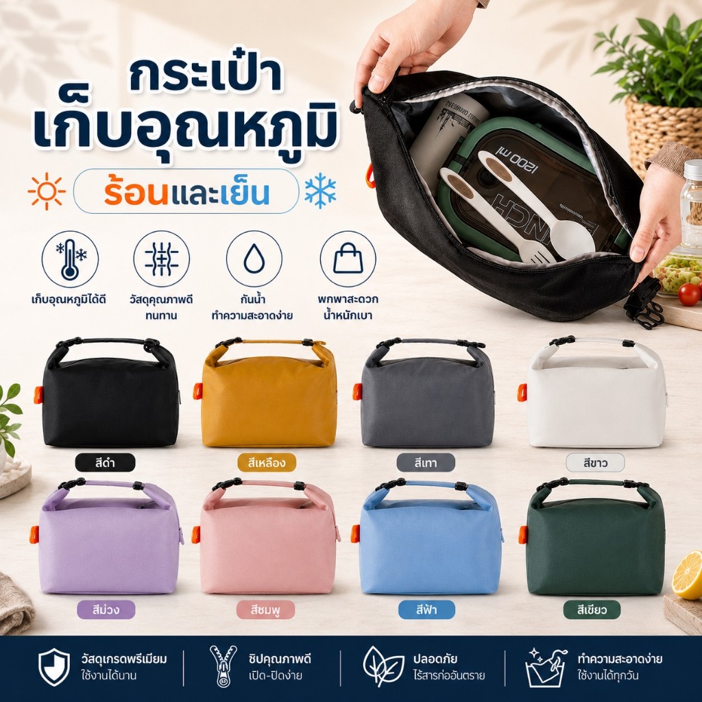 กระเป๋าอาหารกลางวัน แบบพกพา กระเป๋าเก็บอุณหภูมิ กระเป๋าใส่กล่องข้าว เก็บความเย็น/ร้อน  กันน้ำ(fic)