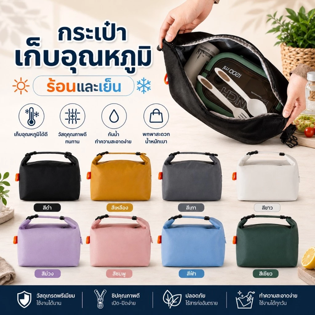 กระเป๋าอาหารกลางวัน แบบพกพา กระเป๋าเก็บอุณหภูมิ กระเป๋าใส่กล่องข้าว เก็บความเย็น/ร้อน กันน้ำ(fic)