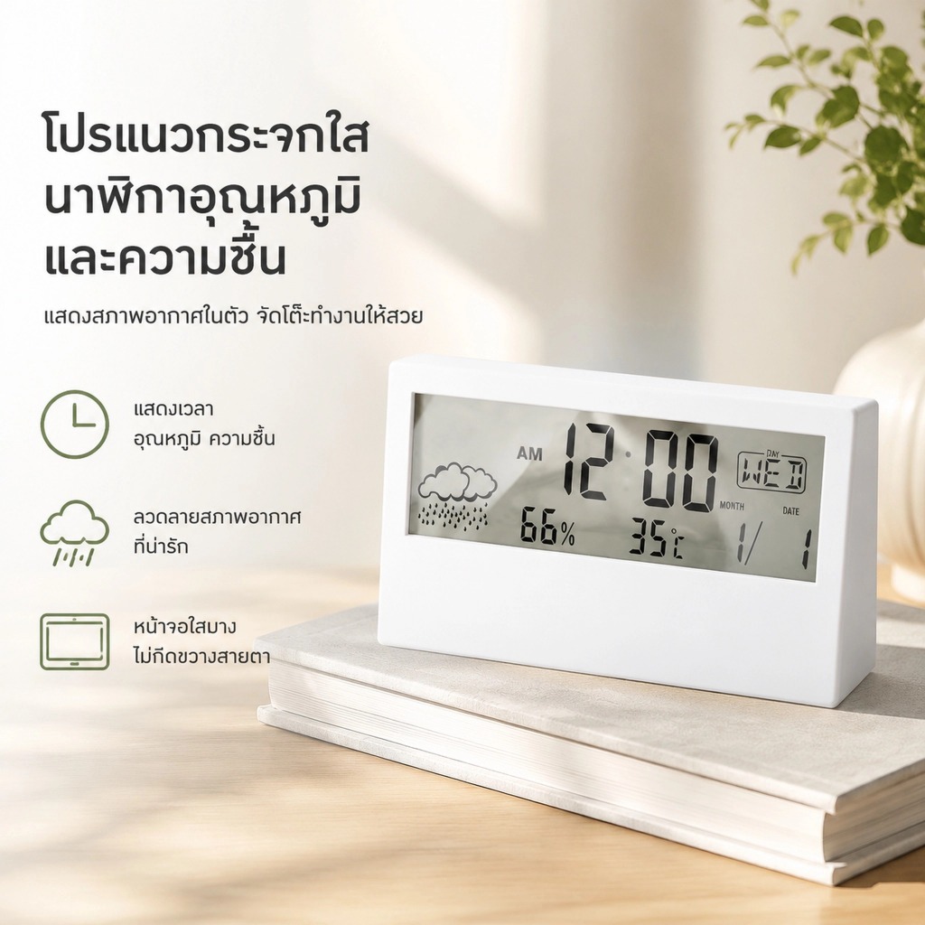LEMO-Tเครื่องวัดอุณหภูมิและไฮกรอมิเตอร์ นาฬิกาแสดงสภาพอากาศอย่างสร้างสรรค์นาฬิกาปลุกขนาดเล็กแบบใส
