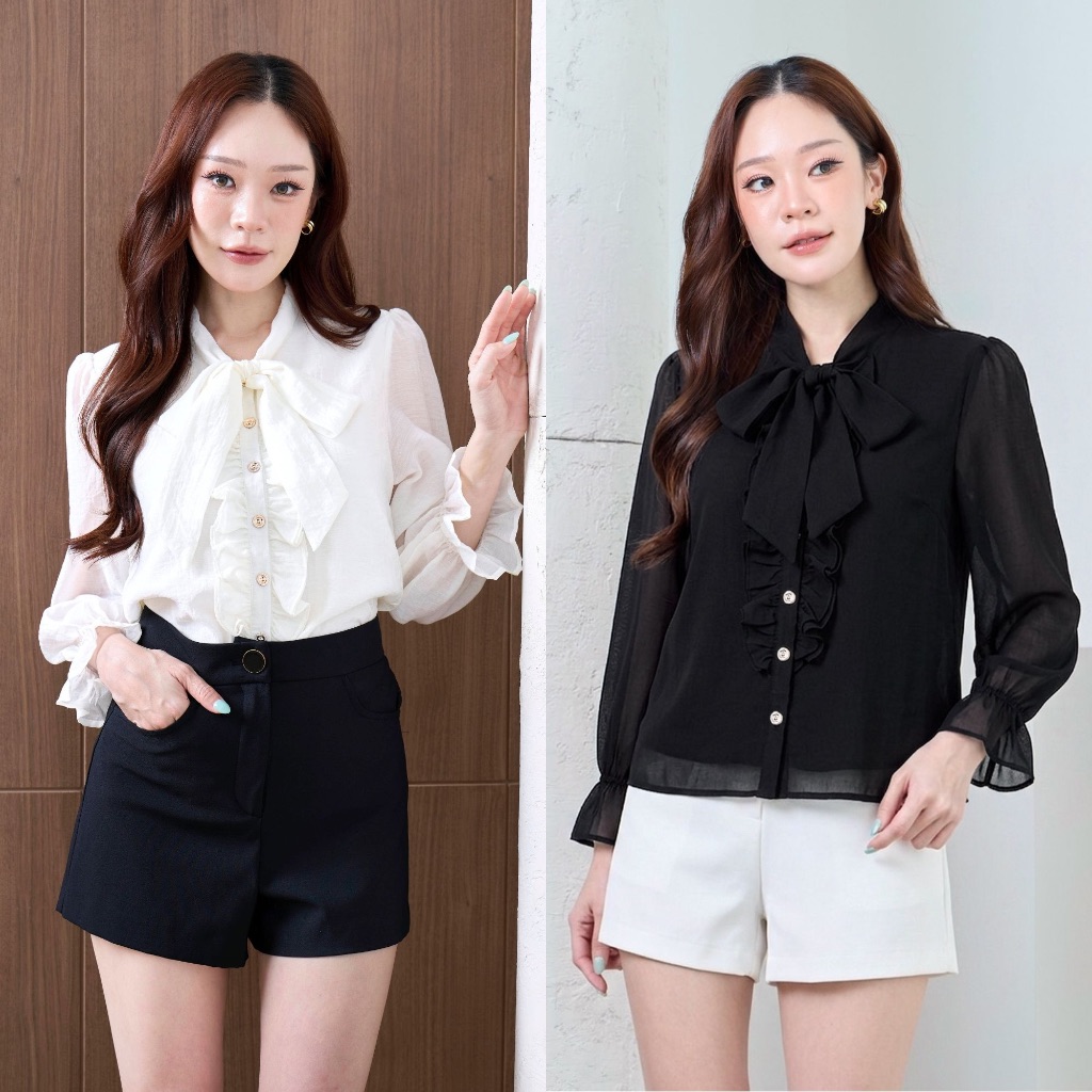 Cheryl brand - Elodie Ruffle Bow Blouse in Ivory & Black / เสื้อแขนยาวผ้าชีฟอง
