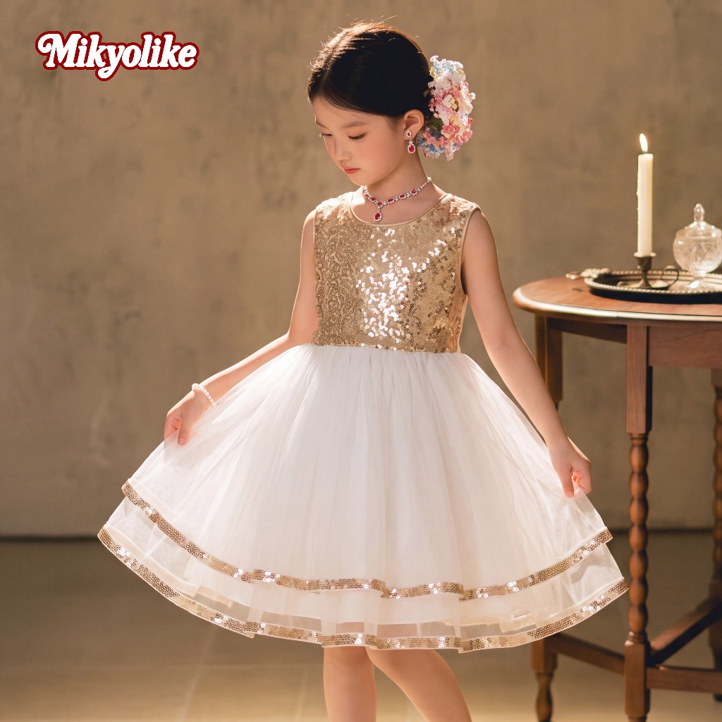 Mikyolike 2-9 ปี เดรสเจ้าหญิงเด็กผู้หญิงแขนกุดปักกลิตเตอร์ กระโปรงตาข่ายสีทองขาว สำหรับวันเกิดงานแต่ง ชุดเดรสเจ้าหญิง