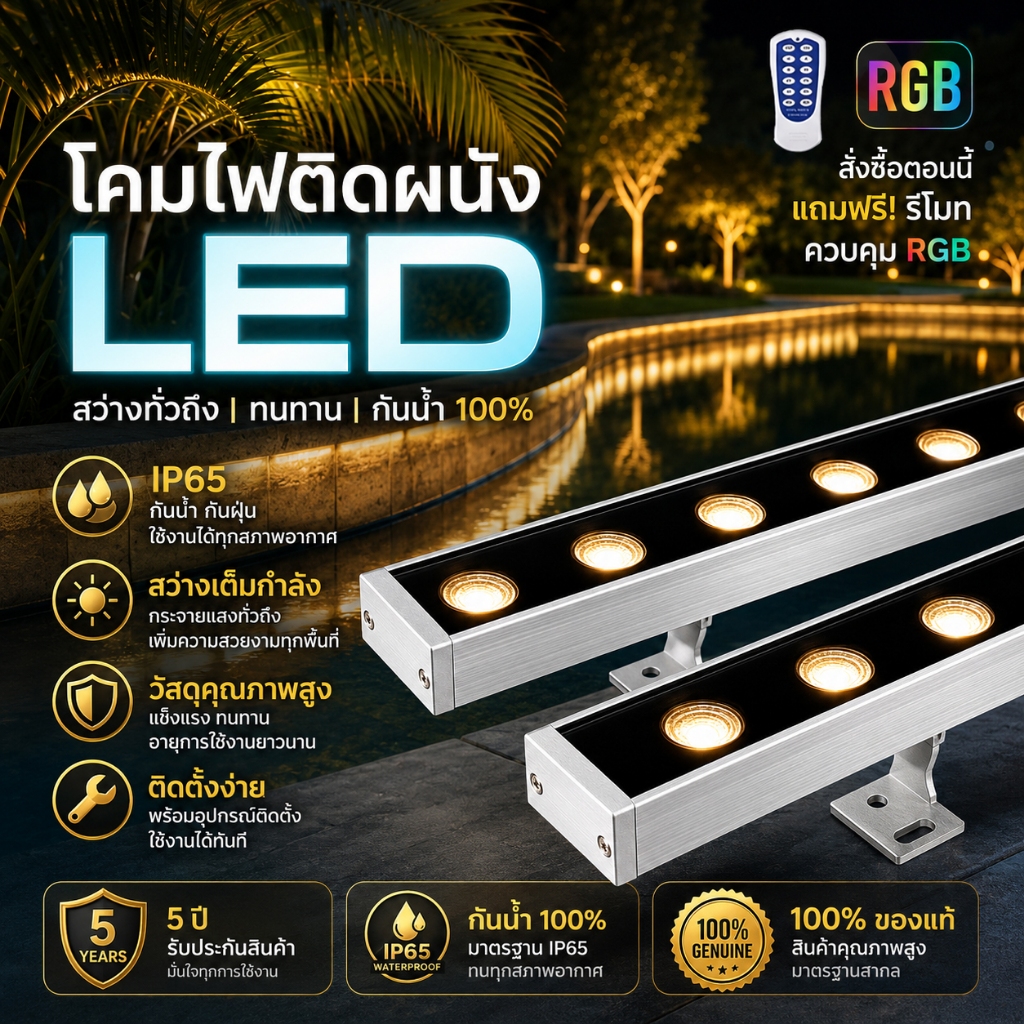 โคมไฟส่องผนัง LED RGB กันน้ำ IP65 พร้อมรีโมท, ไฟวอลล์วอชเชอร์ส่องสวน อาคาร รั้ว โรงแรม ติดตั้งง่าย รับประกัน 5 ปี