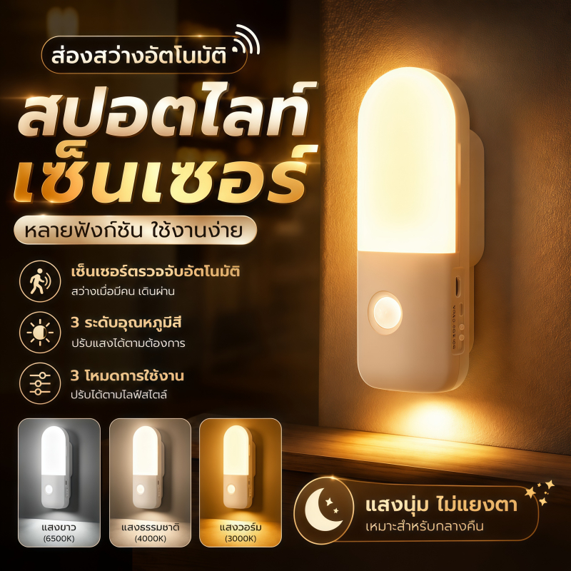 ✨ไฟกลางคืนเซนเซอร์อัจฉริยะ LED เปลี่ยนได้3สี ลดเพิ่มแสงได้โคมไฟติดผนังเซนเซอร์ ชาร์จUSB ติดผนังไร้สาย