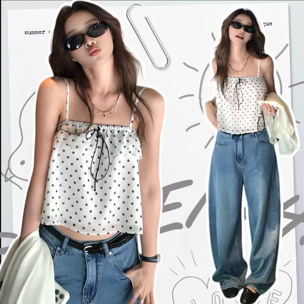 DEพร้อมส่ง เสื้อสายเดี่ยว ขอบระบาย ลายจุด ผ้าชีฟอง หวานน่ารัก เสื้อฤดูร้อนผู้หญิง สไตล์เกาหลี มินิมอล ใส่ไปคาเฟ่ถ่ายรูป