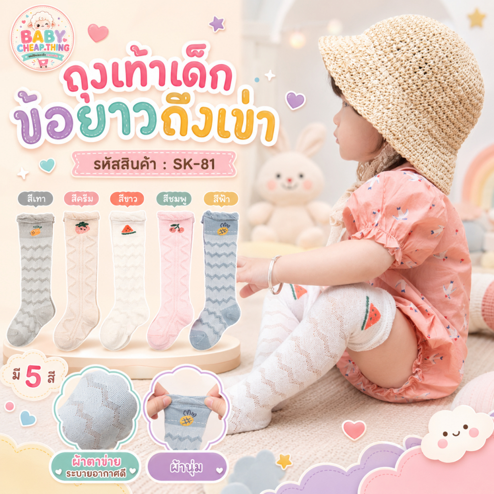 ถุงเท้าเด็ก (Sk81) - ถุงเท้าเด็กผ้าบาง ข้อยาวถึงเข่า