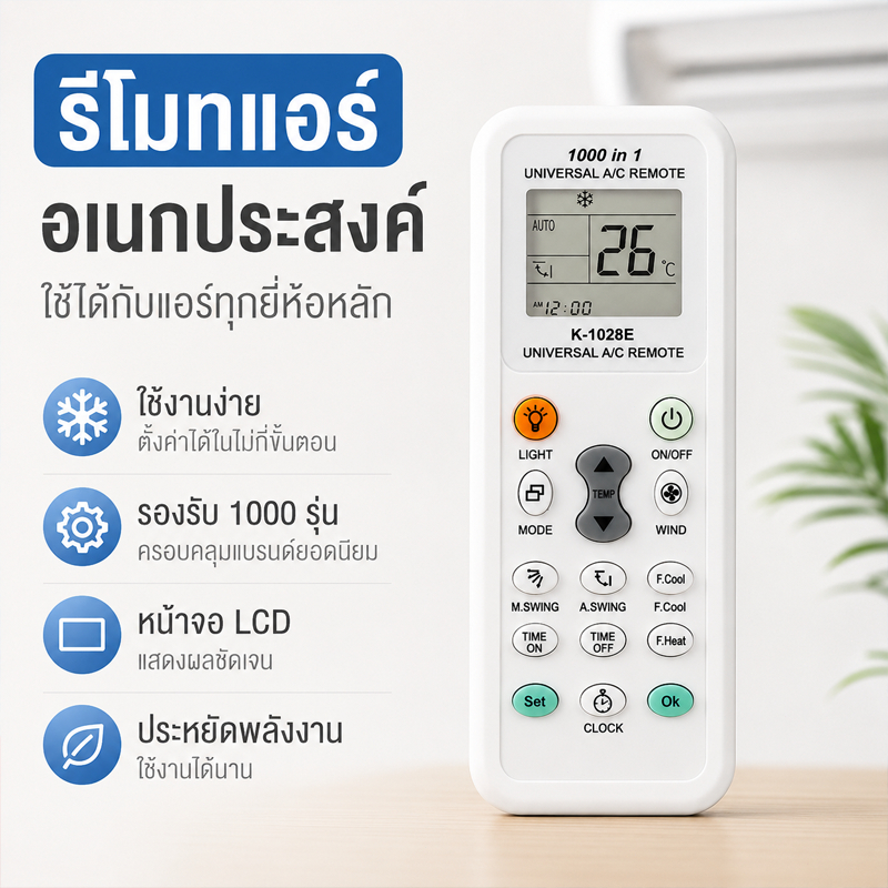 รีโมทแอร์ Universal K-1028E รีโมทแอร์อเนกประสงค์ 1000 in 1 จอ LCD ใช้ได้กับแอร์หลายยี่ห้อ ตั้งค่าง่าย ประหยัดพลังงาน