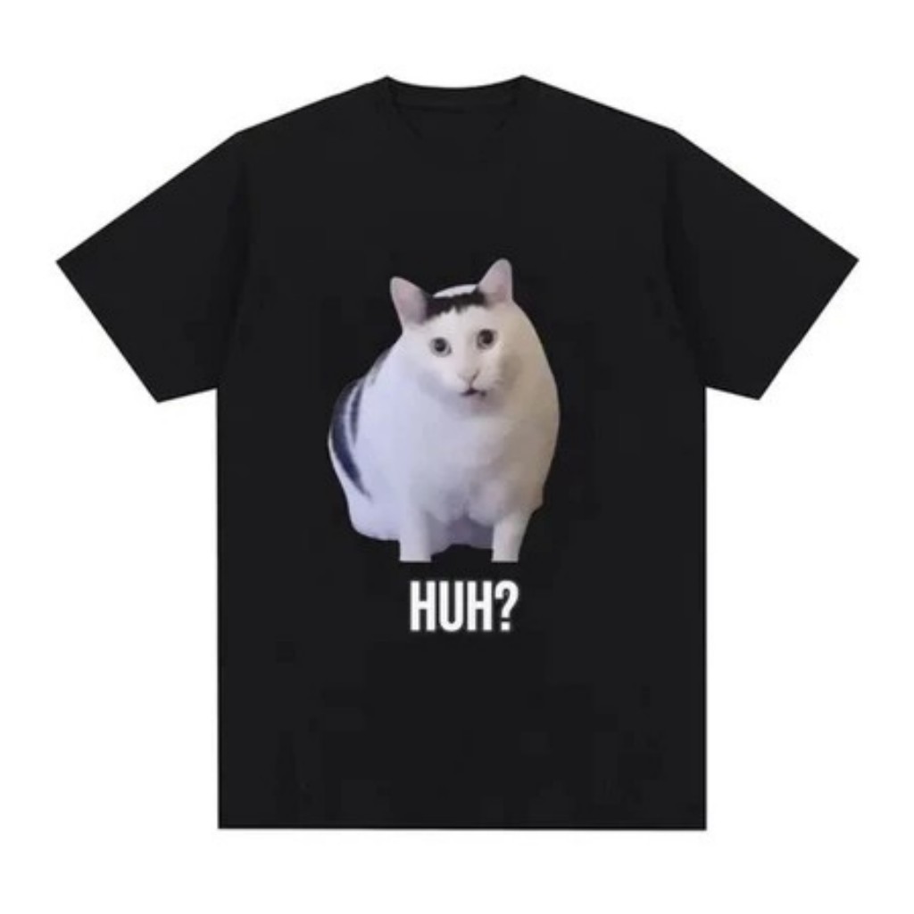 เสื้อยืดแขนสั้นลายแมว HUH Meme สุดฮา Viral Cat น่ารัก ผ้าฝ้ายนุ่ม ใส่ง่าย ทรงหลวม สำหรับผู้ชายผู้หญิง