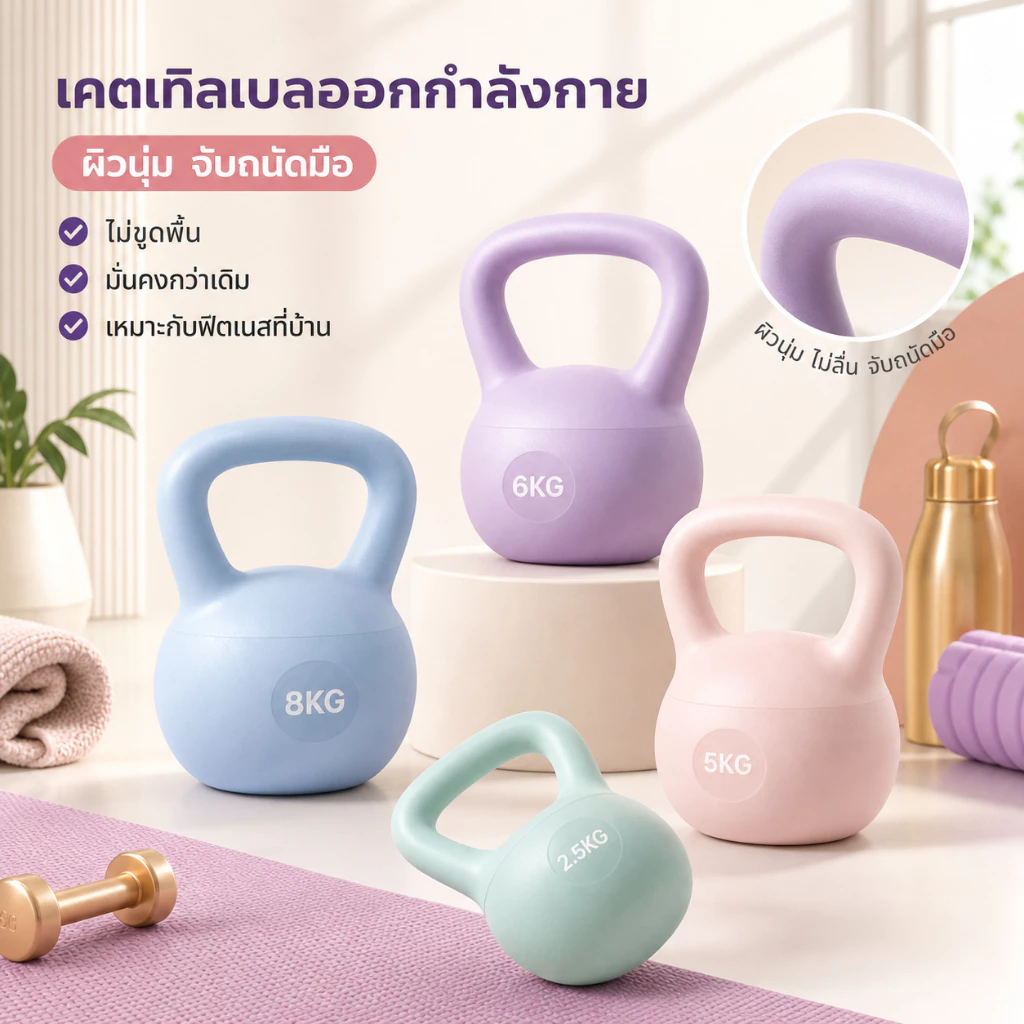 เคตเทิลเบลล์ PVC แบบนุ่ม 4/6/8 กก. หลายสีให้เลือก อุปกรณ์ยกน้ำหนัก ออกกำลังกายบ้าน ช่วยลดน้ำหนัก