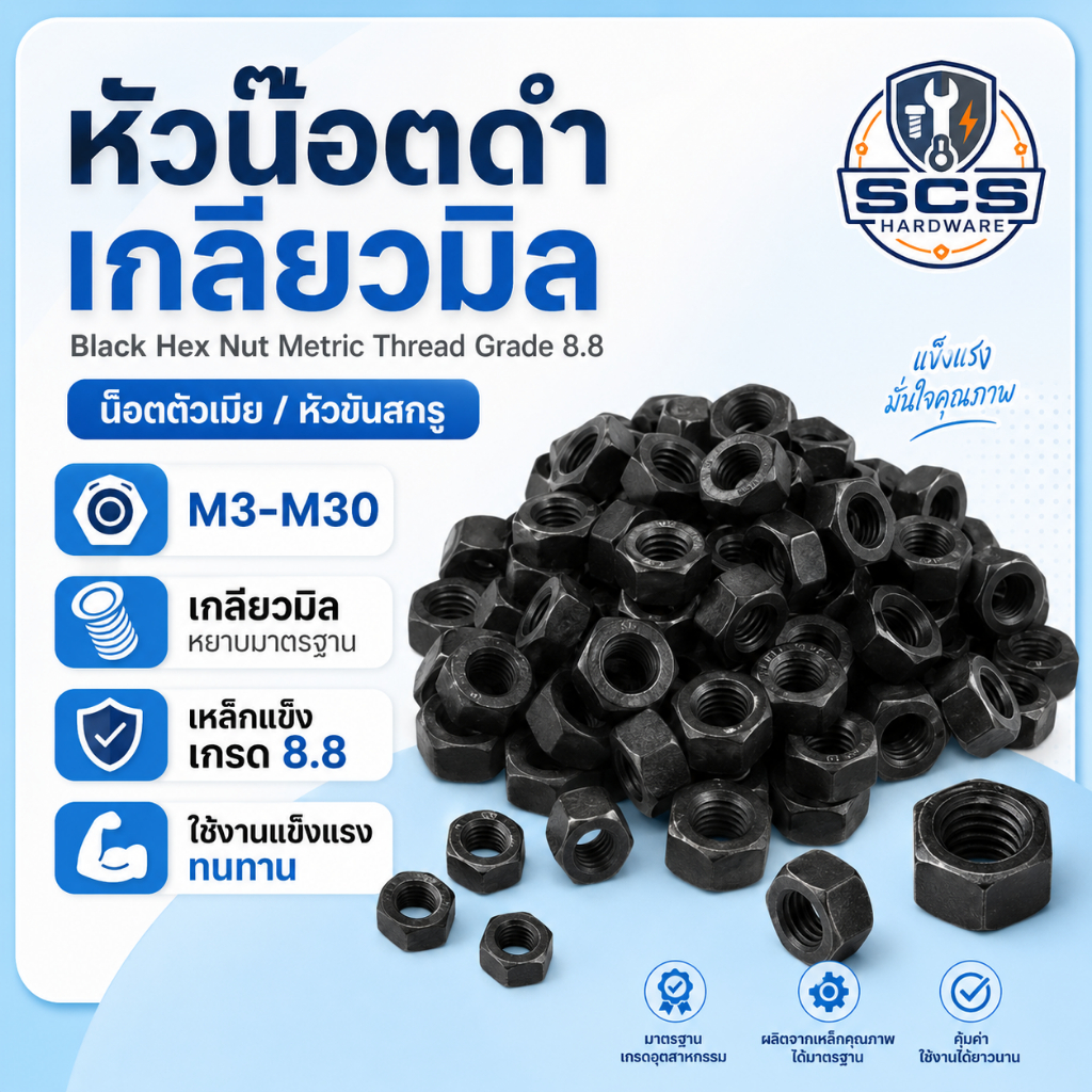 หัวน๊อตดำ เกลียวมิล เหล็กแข็ง 8.8 ขนาด M3 - M30 น๊อตตัวเมีย หัวน็อตดำ ตัวเมียขันสกรูมิลดำ Black Nut Head