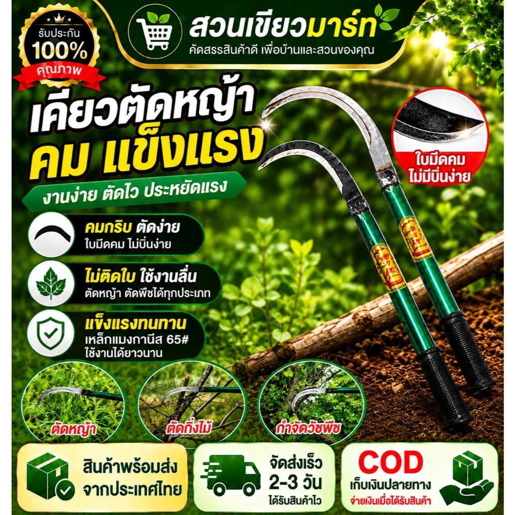 สวนเขียวมาร์ท （COD）เคียวตัดหญ้าเหล็กแมงกานีส ใบมีดคมพิเศษ แข็งแรงทนทาน สำหรับตัดหญ้า ตัดกิ่งไม้ กำจัดวัชพืช ใช้งานง่าย