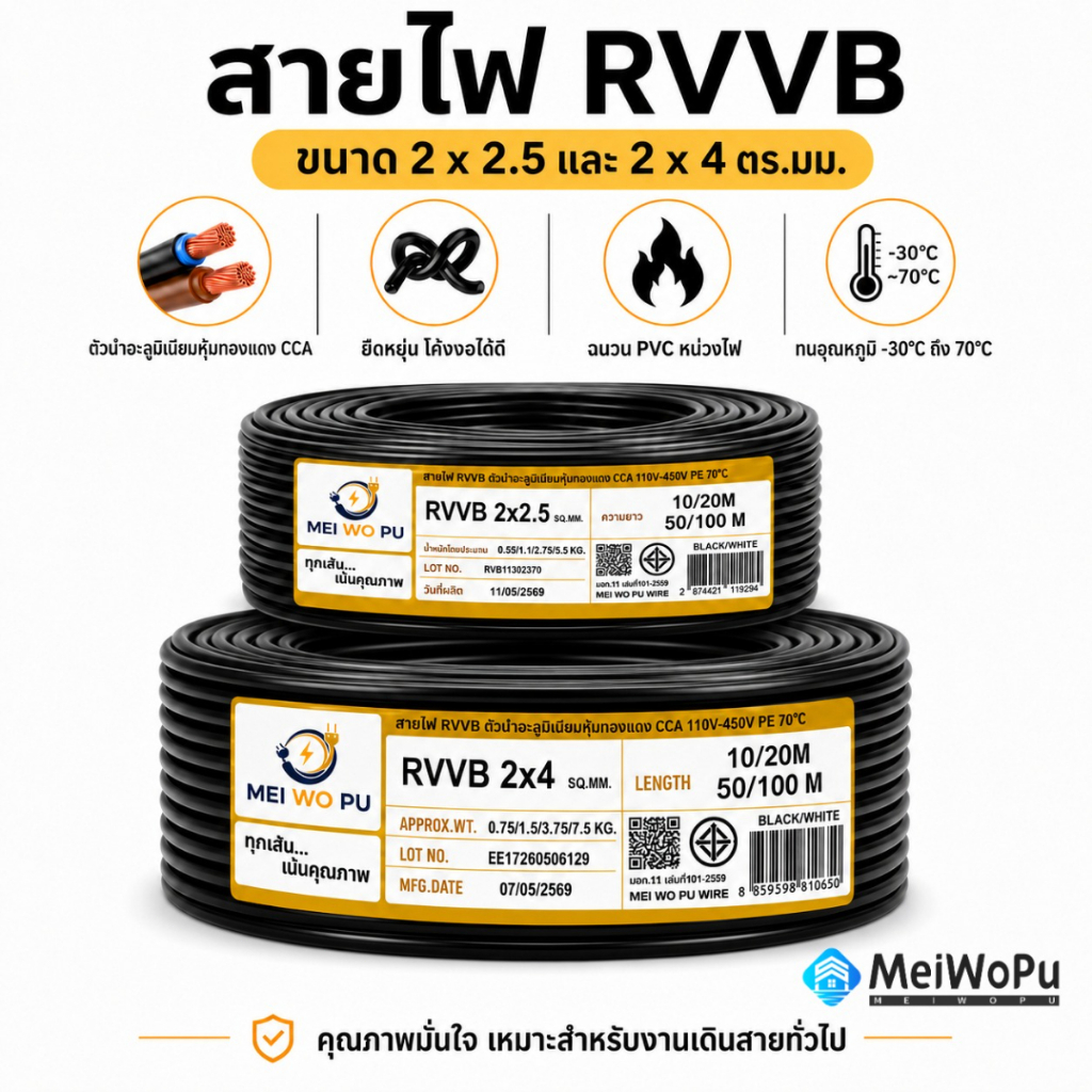 20-100 เมตร สายไฟแบนสีดำ 2 แกน RVVB ขนาด 2.5/4 ม.ม. SQ