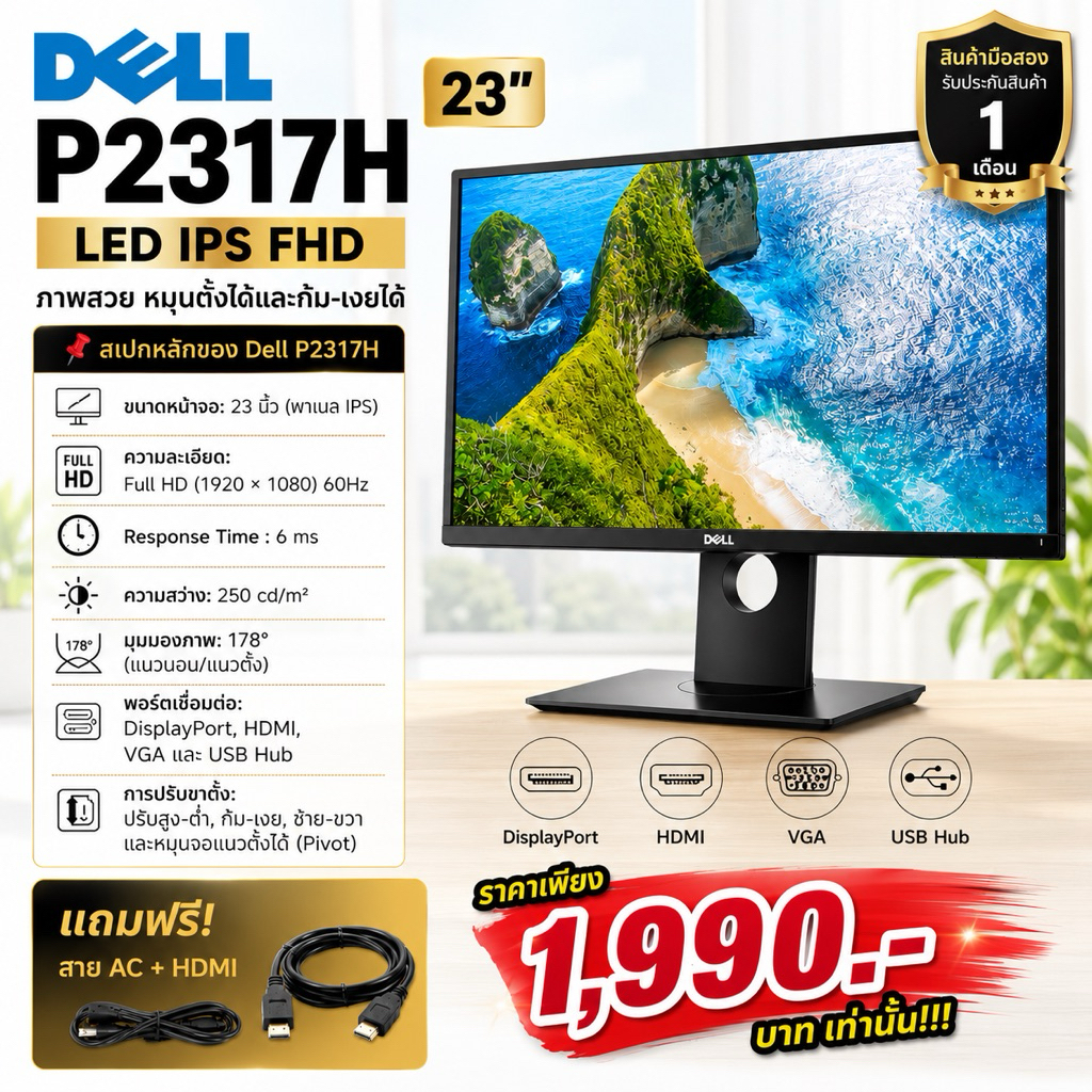 Dell P2317H จอ LED IPS 23 นิ้ว มีพอร์ต USB และ HDMI