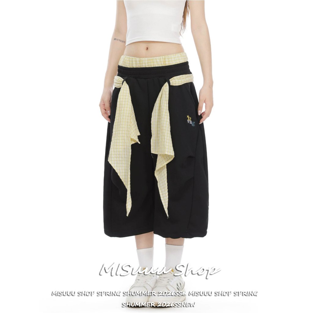 [Misuuu-Plaid double waistband shorts]กางเกงขา7สไตล์เกาหลีลายตารางผ้าคลุมก้นเอวสองชั้นสปอร์ตซ่อนตัวผอมจับคู่ได้ทุกชุด