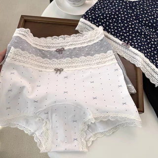 🎀 L-2XL 🎀 กางเกงในผู้หญิงผ้าฝ้าย 🍒 ลายดอกไม้จิ๋ว ขอบลูกไม้ เอวกลาง ทรงกางเกงในสี่เหลี่ยม ทรงน่ารัก สไตล์สาวน้อย