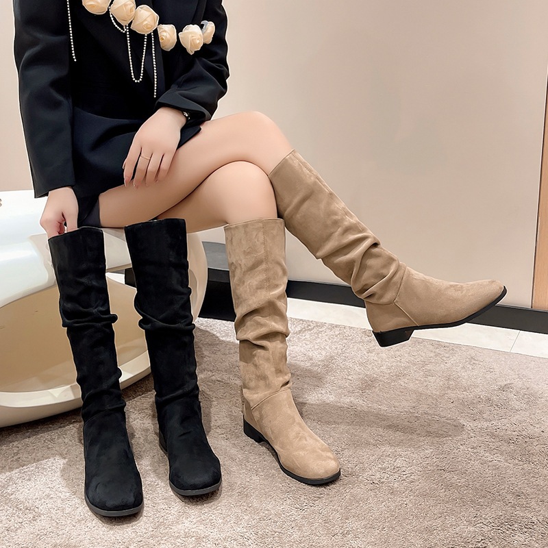 รองบูทส้นหนาแบบเรียบหรูสำหรับผู้หญิง บูทแฟชั่นเหนือเข่า
