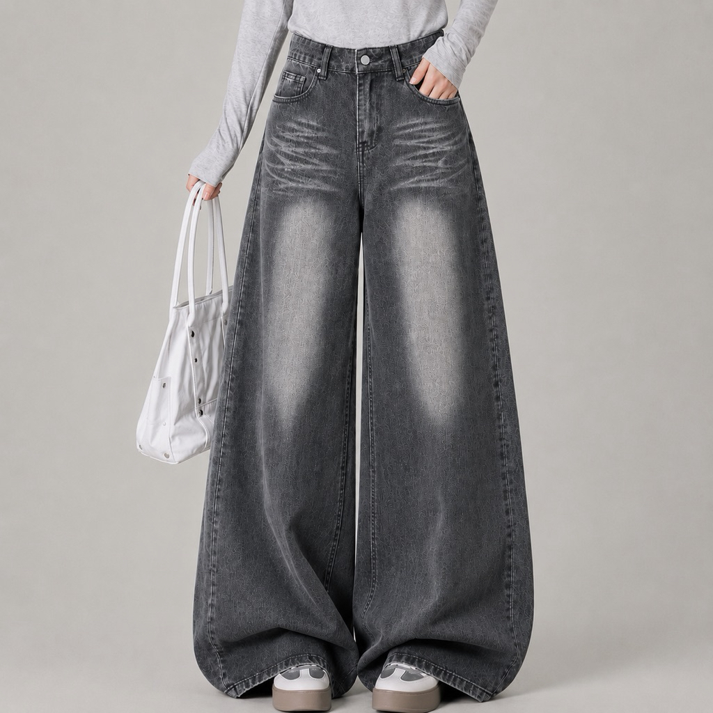 #3422เทาเช้ม (XS-9XL) jinjeans กางเกงยีนส์ทรงกระบอกใหญ่  baggy jeans เอวสูง
