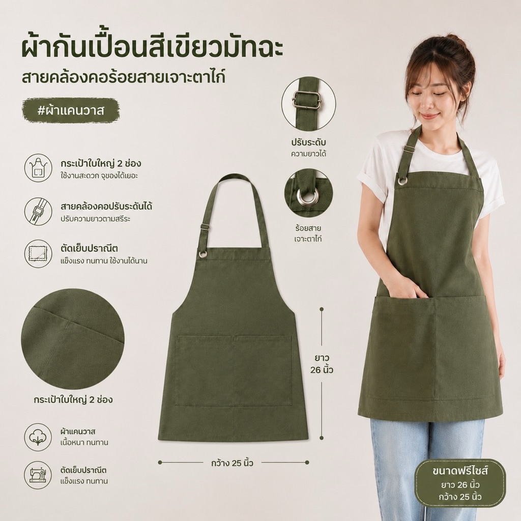 ผ้ากันเปื้อน สายคล้องคอเจาะตาไก่ร้อยสาย ผ้าแคนวาส