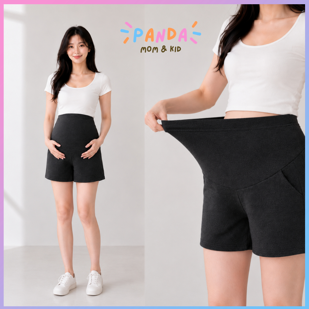 PANDA กางเกงคนท้องขาสั้นผ้าลายยีนส์ มีกระเป๋าใช้งานจริง เอวแบบปรับกระดุม เนื้อผ้ายืด