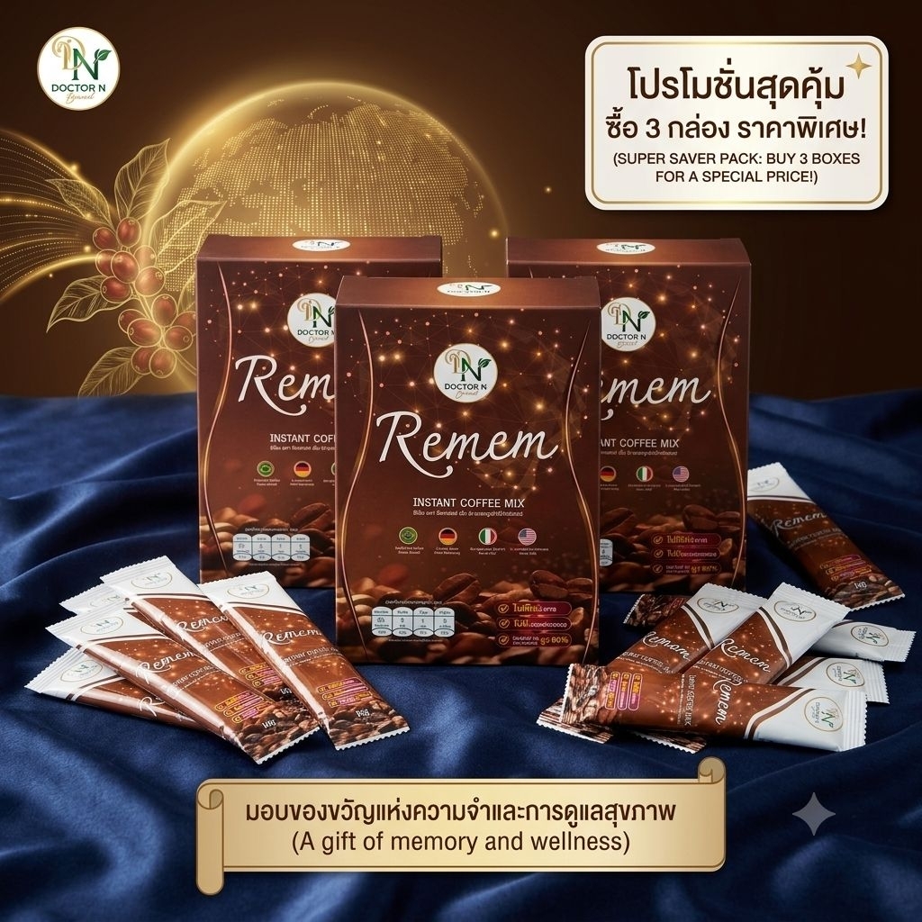 Remem Instant Coffee Mix by Doctor N กาแฟ 3 in 1 ผสมสารสกัดจากแปะก๊วย วิตามินบี 12 ไม่มีครีมเทียมและ