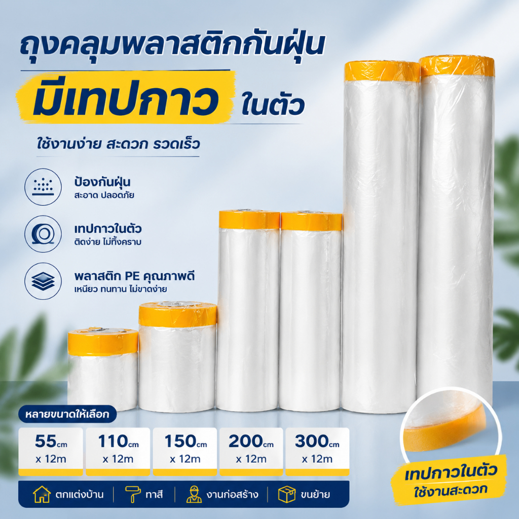 ฟิล์มป้องกันฝุ่นรีโนเวทบ้าน วัสดุ PE หนาขึ้น กันน้ำ ป้องกันลอกสี ไม่ทิ้งคราบกาว เหมาะใช้ครอบเฟอร์นิเจอร์ทุกชนิด