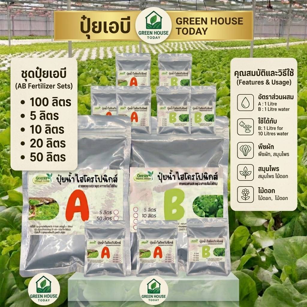 Green House Today ปุ๋ย AB ไฮโดรโปนิกส์ ขนาด 1 3 5 10 20 50 ลิตร สำหรับผักไฮโดรโปนิกส์ ระบบน้ำนิ่ง น้ำวนและฉีดพ่นทางใบ พร