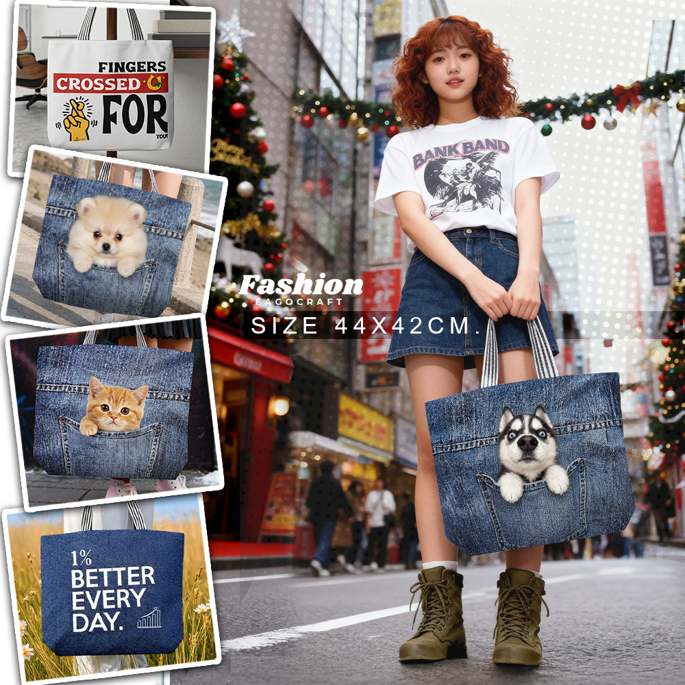 กระเป๋าผ้าแคนวาส⚡️ซื้อ2ชิ้นใช้โค้ดลด15%⚡️ลายสกรีนคมชัด TOTE BAG ผ้าหนา2ชั้น มีซิป ขนาด 44x42 cm.