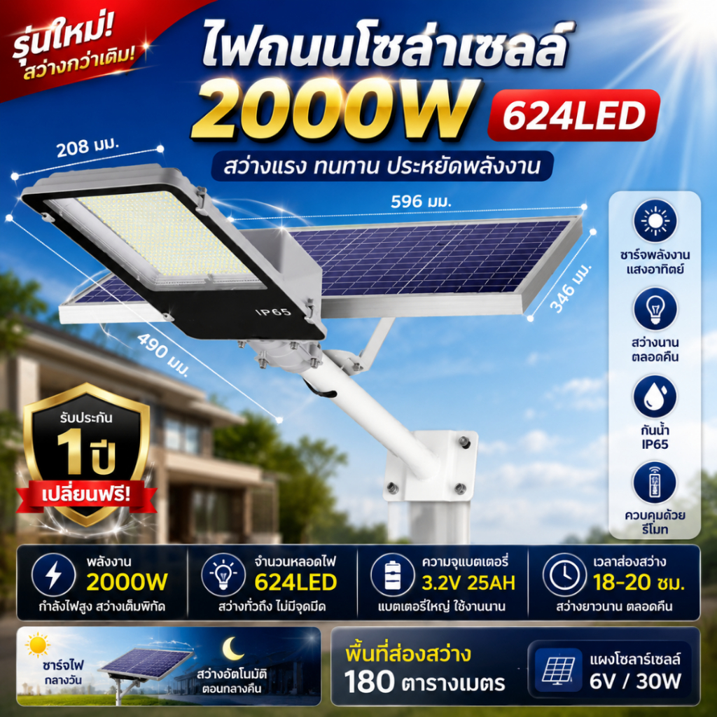 ส่งฟรี ไฟโซล่าเซลล์ Solar Light LED โคมไฟถนน โซลล่าเซลล์ แสงขาว พลังงานแสงอาทิตย์IP66 กันน้ำ แถมขาตั้ง