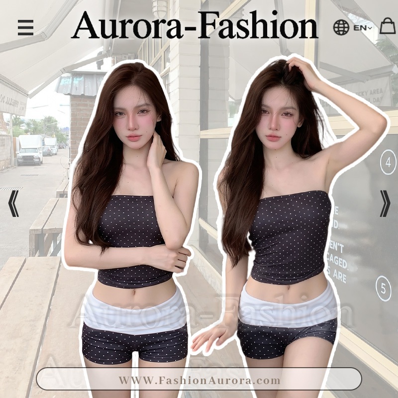Aurora พร้อมส่ง (รูปถ่ายจากงานจริง) ชุดเซ็ทเกาะอก+กางเกงขาสั้นลายจุดสีดำ ผ้าคอตตอนยืด สไตล์เซ็กซี่ลำลองชุดเซตฤดูร้อน
