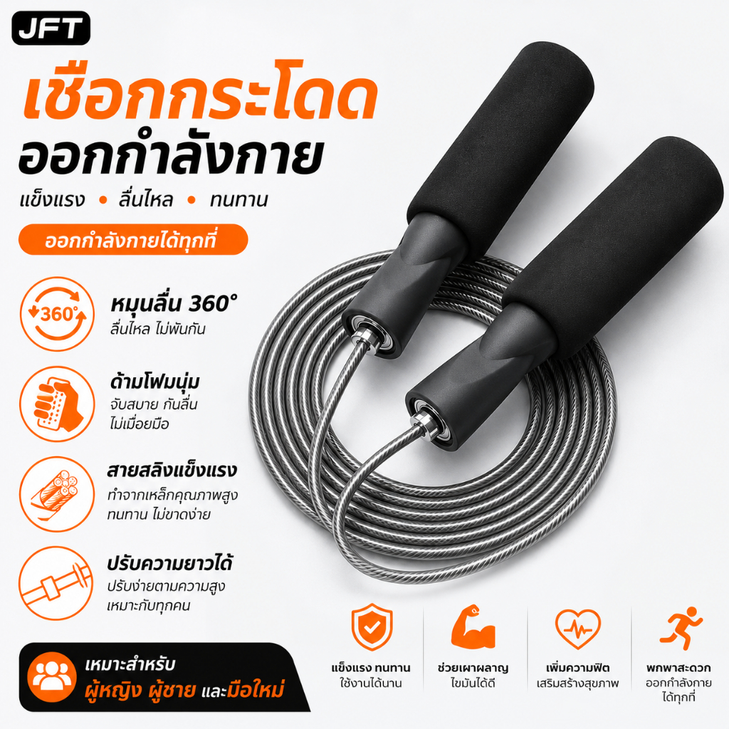 JFT เชือกกระโดดออกกำลังกาย Jump Rope สายสลิงเหล็กหุ้ม PVC ด้ามโฟมนุ่ม หมุนลื่น 360° ปรับความยาวได้ ลดน้ำหนัก