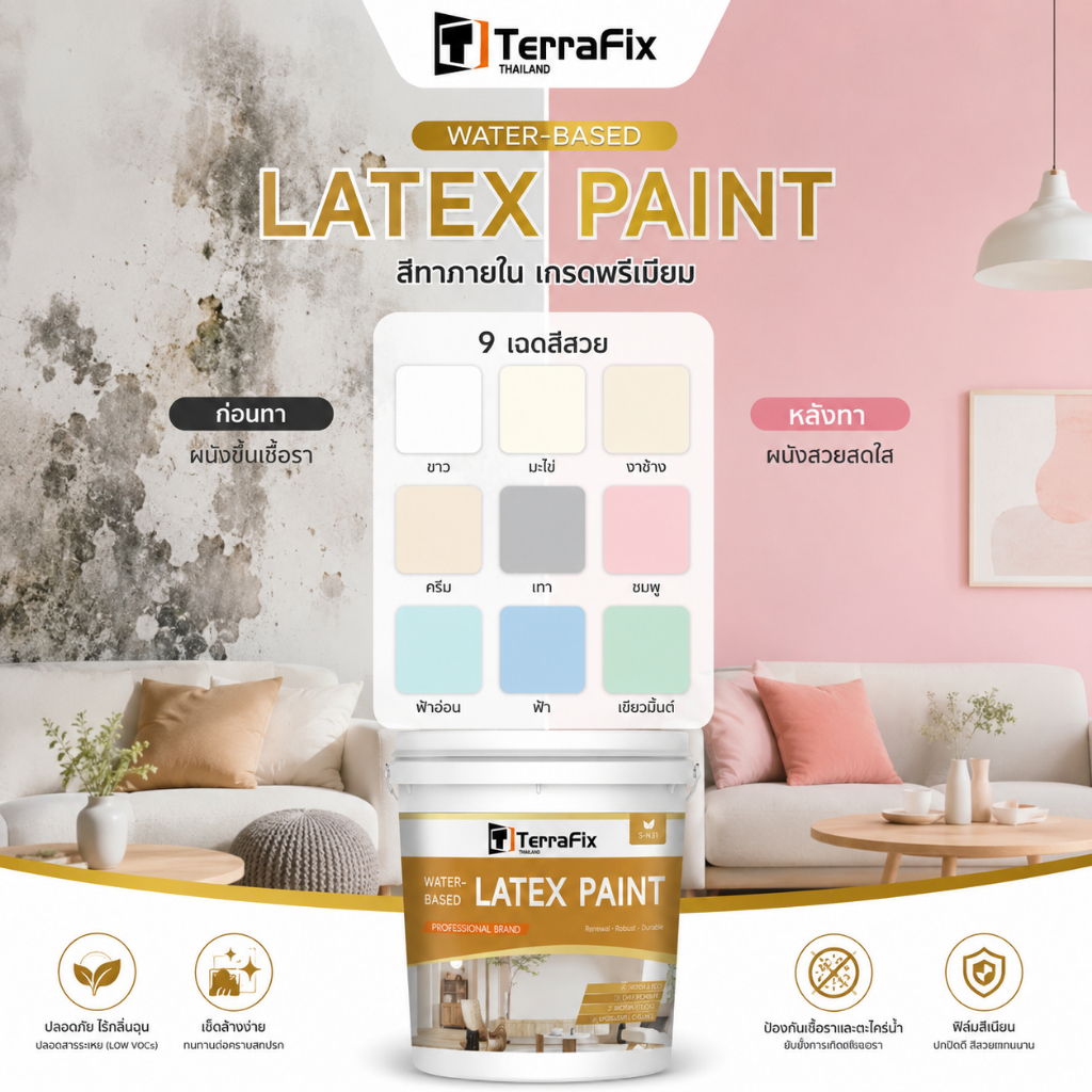 Terrafix สีทาผนัง สำหรับภายใน-ภายนอก สีสูตรน้ำ ไม่มีกลิ่นเหม็น ไม่ต้องทาสีรองพื้น ไม่ต้องผสมน้ำ กันน้ำ