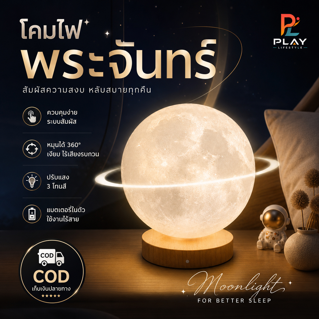 [ไม่ลอย] โคมไฟดวงจันทร์ 3D หมุนได้ ชาร์จ USB ตั้งโต๊ะ ข้างเตียง ห้องนอน แสงบรรยากาศ ของขวัญสร้างสรรค์