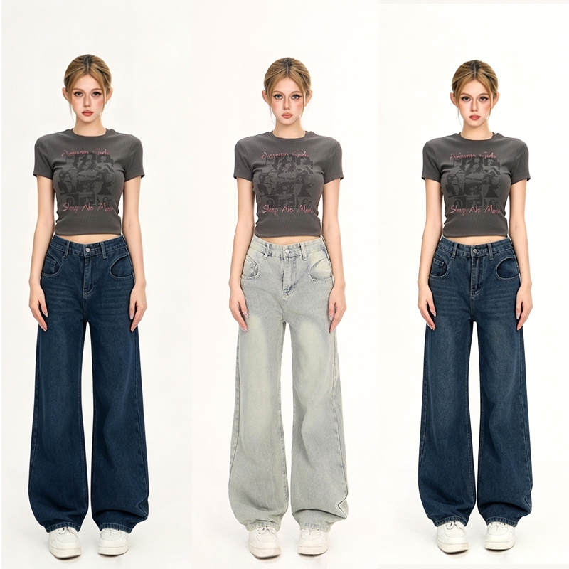HELLDUL [N9302] กางเกงยีนส์วินเทจสีซีด ขากว้างสูงเอว กระเป๋าดีเทลโค้ง แต่งตัวง่าย ทรงสวยยกสะโพก