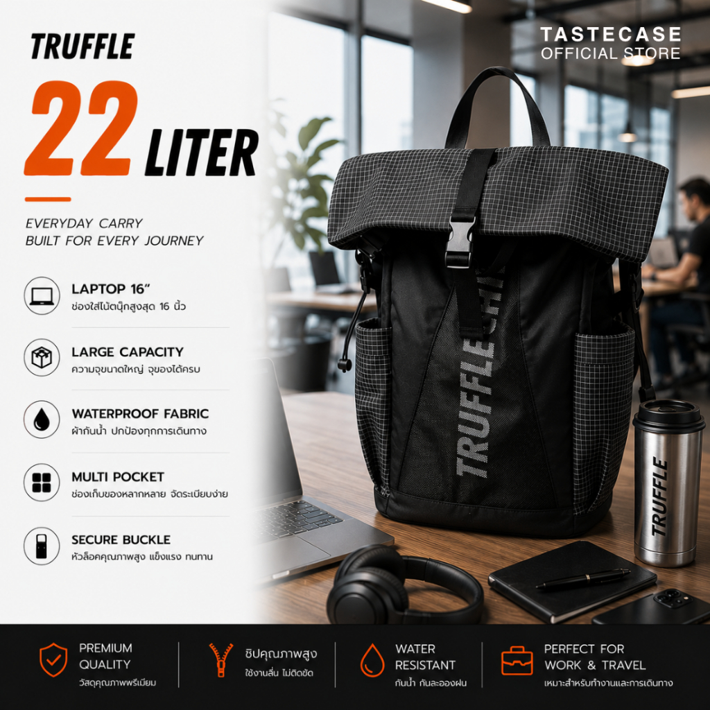 Truffle Casual Backpack 2025 กระเป๋าสำหรับ Macbook Pro 14-16", Macbook Air 13-15" หรือ Laptop อื่นๆ, iPad, Galaxy Tab